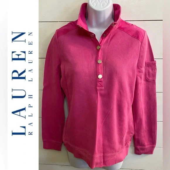 Lauren Ralph Lauren Women’s Medium Hot Pink Snap Front Ribbed Cotton Pullover - Picture 1 of 16